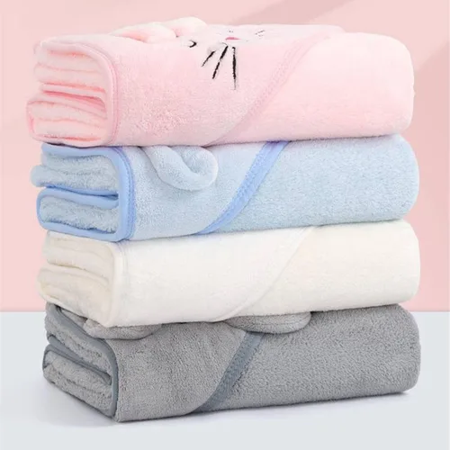 Vista 3 de Toalla de baño de franela con capucha de animal suave para niños, de dibujos animados, forro polar coral, para niños (azul claro)