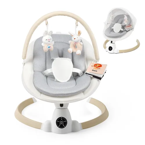 Vista 7 de Columpio eléctrico portátil para bebés con Bluetooth, 5 velocidades, 10 melodías, arnés de 5 puntos, control remoto y panel táctil, columpio Beige