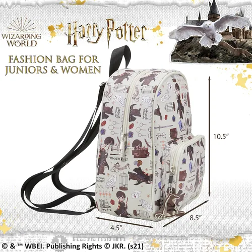 Vista 6 de Harry Potter Wizarding World Magic Mini mochila con estampado de iconos Hogwarts Allover de 10.5 pulgadas, correas ajustables, piel sintética
