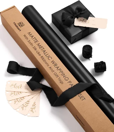 Vista 12 de Vitalizart Juego de papel de regalo metálico negro mate de 17 pulgadas con cinta de satén de seda y etiquetas de regalo, envoltura de regalos