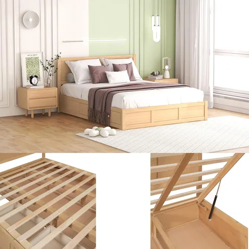 Vista 4 de Cama de plataforma de almacenamiento de tamaño matrimonial, con cajones de cabecera y soporte de listones de madera, base de cama de plataforma