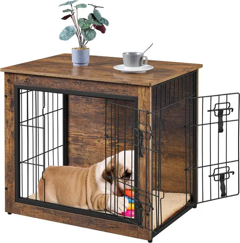 Vista 14 de Yaheetech 32" Mesa auxiliar de jaula para perros con cojín, jaula de madera para perros con puertas dobles/pies ajustables, mesa auxiliar lateral