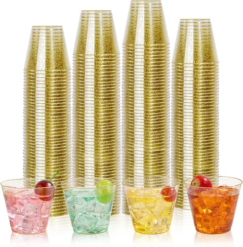 Vista 17 de I00000 Paquete de 100 unidades de vasos de plástico dorado de 12 onzas, vasos desechables con borde dorado, vasos de vino desechables y copas