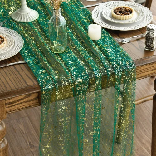 Vista 31 de Artoid Mode Camino de mesa de gasa color beige dorado de 120 pulgadas, 10 pies, lámina metálica con purpurina transparente para comedor, boda