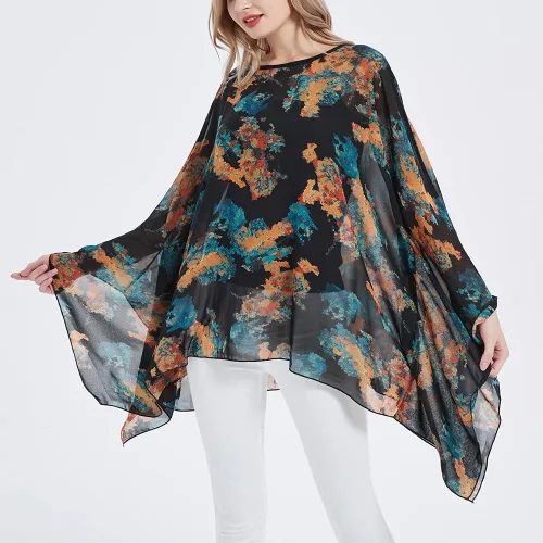 Vista 2 de Poncho de gasa transparente para mujer, suelto, liso, largo, murciélago, caftán, túnica