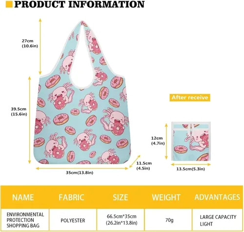 Vista 4 de Belidome Bolsa de comestibles con diseño de donas de ajolotl para compras, lavable, reutilizable, con bolsillo para asa