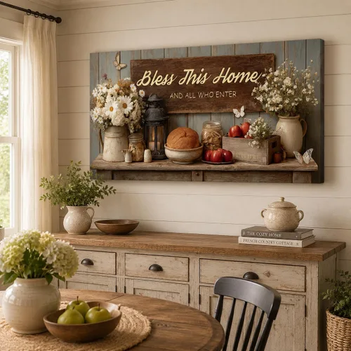 Vista 46 de TIMUBA Decoración de pared de cocina de granja, arte de pared de cocina con texto en inglés "Bless This Home and All Who Enter Kitchen Blessing