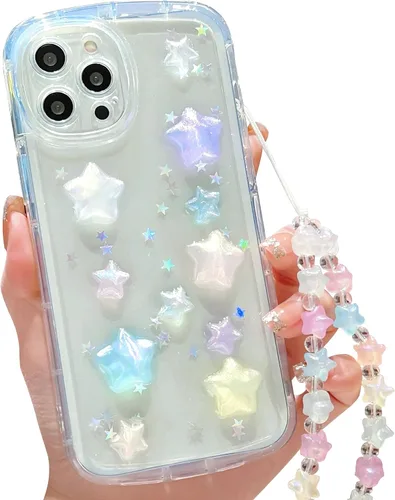Vista 26 de Compatible con iPhone 11 Pro Funda Transparente Bonita con Diseño de Estrella con Purpurina en 3D con Perlas y Pulsera de Perlas, Diseño de Cadena
