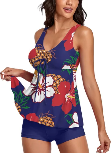 Vista 3 de Tankini con control de abdomen y pantalones cortos, trajes de baño de 2 piezas para mujer