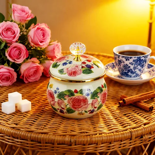 Vista 4 de Azucarero esmaltado floral dorado étnico tarro de condimento vintage para té, caja de especias, caja de almacenamiento retro para café, caramelo