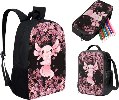 Vista 2 de AFPANQZ Mochila para niños, juego de 3 piezas, bolsas escolares de gran capacidad con aislamiento térmico, bolsas pequeñas para lápices, paquete de 3