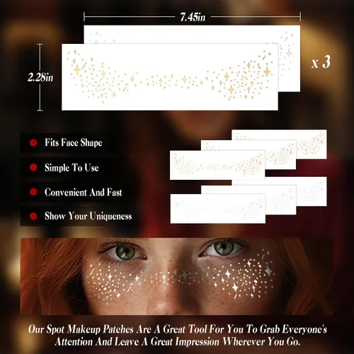 Vista 5 de Pecas con purpurina para tatuajes faciales, 6 hojas de parches de maquillaje facial con estrellas doradas y plateadas, pecas falsas lindas