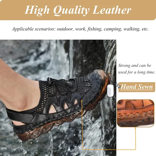 Vista 5 de Qiucdzi Sandalias deportivas para hombre con puntera cerrada, sandalias deportivas de cuero hechas a mano, sandalias ajustables de pescador