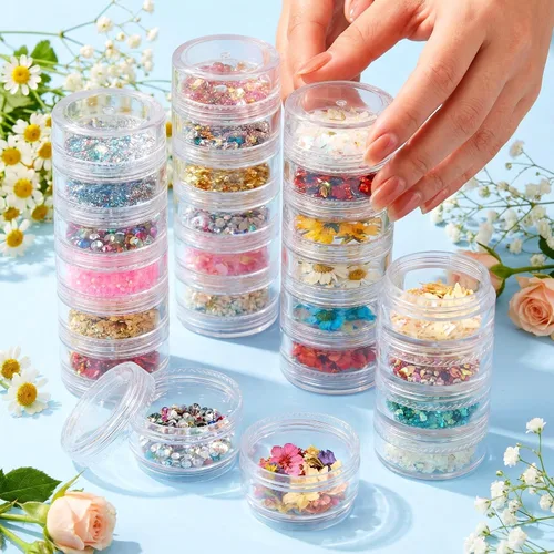 Vista 5 de 3 juegos de recipientes de plástico apilables de 6 capas, caja de almacenamiento transparente de cosméticos de 0.35 oz/0.3 fl oz, tarros