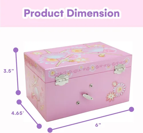 Vista 3 de Jewelkeeper Joyero musical de bailarina rosa para niña con cajón extraíble, estuche organizador de almacenamiento de joyas, melodía de lago cisne