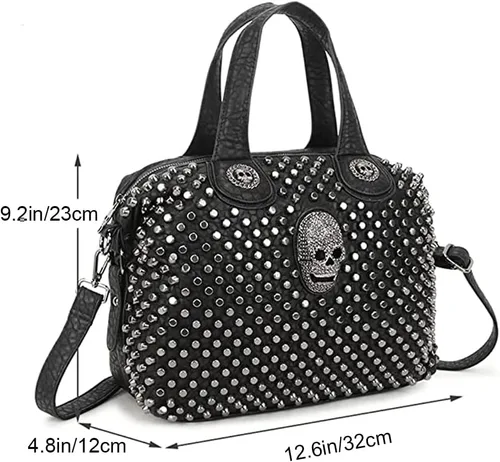 Vista 2 de Downupdown Bolso de mano para mujer, bolso de mano con remache, cráneo, bolso de piel sintética, bolso cruzado de hombro, bolso punk
