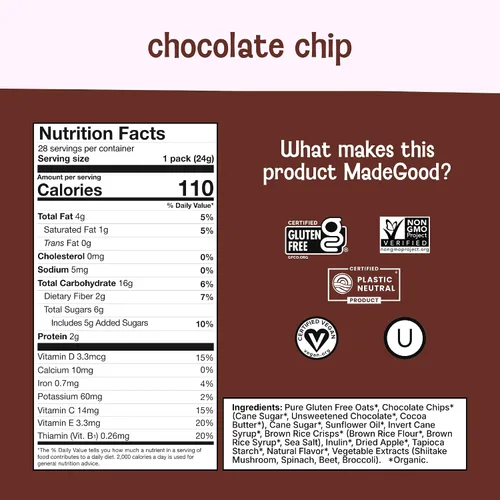 Vista 2 de Mini barras de granola MadeGood paquete de 28 sabor chispas de chocolate oscuro y avena libre de gluten Gluten free snacks for lunch boxes, school