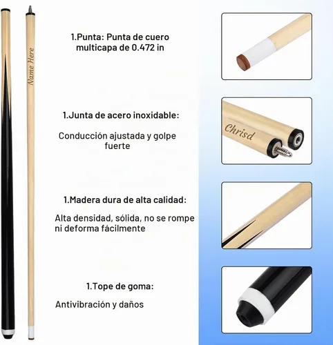 Vista 4 de Taco de billar personalizado con punta, taco de billar grabado con nombre personalizado, 2 piezas de fácil montaje, taco de madera premium