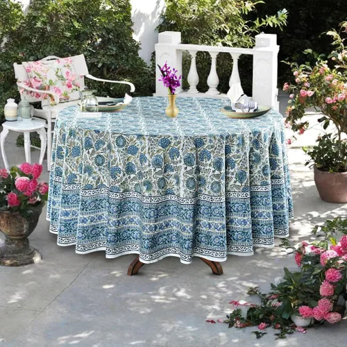Vista 4 de Mantel redondo con estampado de bloque a mano, 100% algodón, reutilizable, color verde espárragos, 60 pulgadas, mantel decorativo para uso diario
