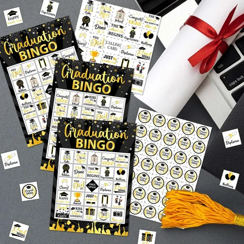 Vista 2 de Juegos de bingo de graduación, juego de graduación de oro negro para 24 jugadores, juegos de fiesta de graduación y actividades, tarjetas divertidas