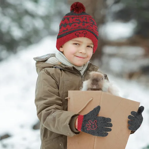 Vista 4 de Mickey Mouse - Juego de 2 piezas de sombrero y guantes de nieve para niños y niños gorro cálido con pompones y bonitos guantes rojos