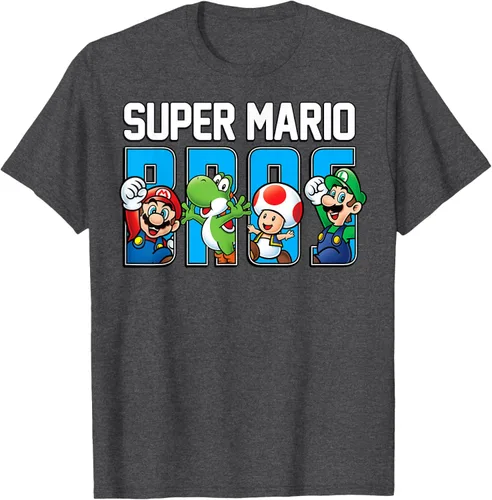 Vista 34 de Super Mario Bros Characters Letter Fill Graphic T-Shirt Camiseta, Negro