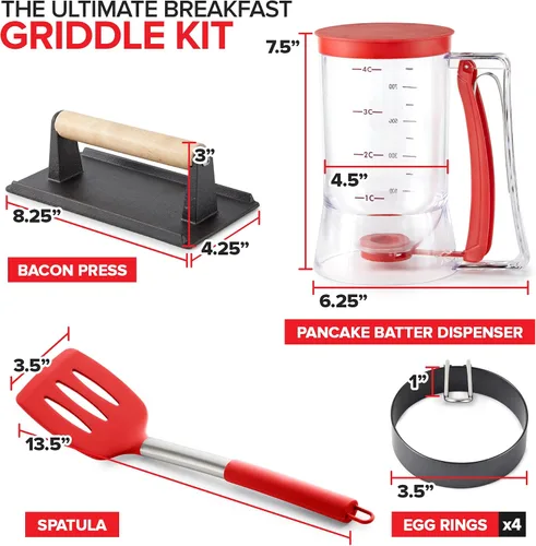 Vista 2 de Modern Innovations Kit de Accesorios para Desayuno en Plancha - Dispensador de Masa para Panqueques para Plancha, Prensa de Parrilla de Hierro