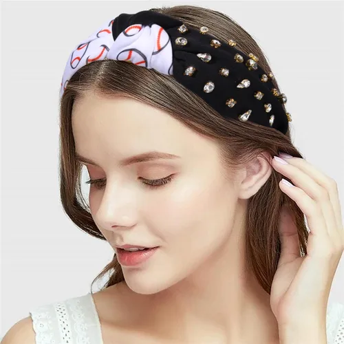 Vista 2 de Diademas para el día del partido, diadema de fútbol y béisbol para mujer, diadema anudada de cristal con diamantes de imitación, diadema con nudo