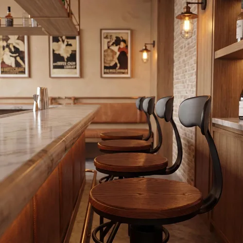 Vista 8 de Juego de 2 taburetes de bar industriales con respaldo de 23 a 33 pulgadas, asiento giratorio de madera, isla de cocina, comedor, taburete de Negro