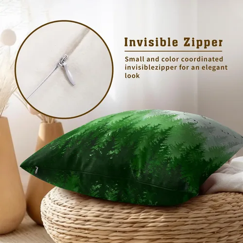 Vista 3 de Juego de 2 fundas de almohada de bosque de abedul, fundas de almohada decorativas de montaña de madera verde oscuro brumoso de 16 x 16 pulgadas