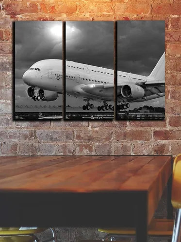 Vista 3 de Póster grande de 3 piezas para decoración de pared de avión Airbus A380, póster impreso en 3 paneles de lienzo, juego de decoración de pared