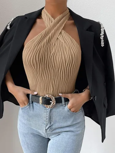 Vista 6 de Milumia Tops estilo halter sin mangas con textura cruzada y abertura cruzada para mujer