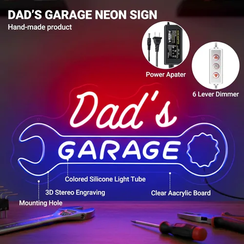 Vista 2 de Letrero de neón de garaje para papá, letrero LED personalizado con forma de llave, decoración de pared retro de mecánico de automóviles, letrero