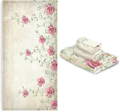 Vista 7 de Juego de toallas de baño para baño, diseño floral de primavera rosa rosa, juego de 3 toallas de lujo, 1 toalla de baño, 1 toalla de mano, 1 toalla