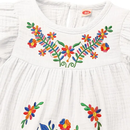 Vista 3 de FYMNSI Vestido floral con bordado étnico mexicano para bebé, vestido casual para niños, manga larga, volantes, playa, vacaciones, vestido de verano