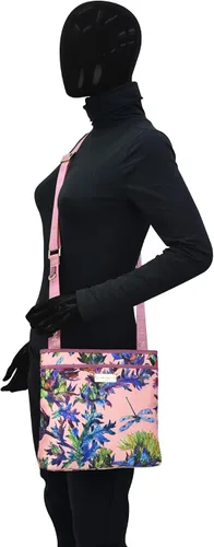 Vista 5 de Anuschka Bandolera cruzada con bolsillo deslizante, colección Wanderlust, tela de nailon con ribete de cuero genuino e impresión de obras de arte