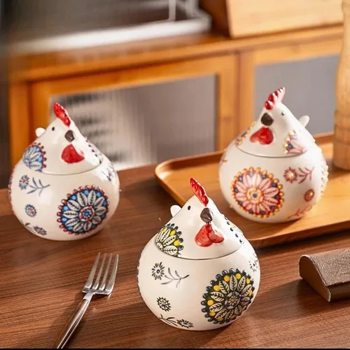 Vista 9 de Bodega de sal en forma de pollo con tapa y cuchara, soporte de sal para Azul
