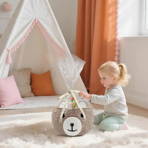 Vista 5 de Cesta de bebé para guardería, cestas de regalo de oso vacías para niños, cestas de baby shower para juguetes, cesta de almacenamiento de cuerda
