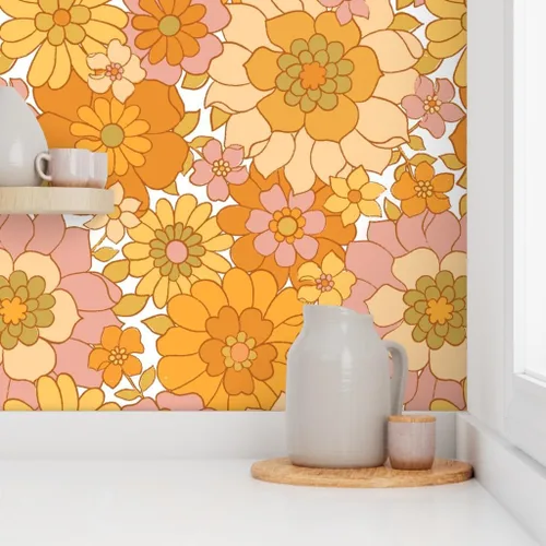 Vista 8 de Spoonflower Papel tapiz autoadhesivo para despegar y pegar, papel tapiz extraíble personalizado retro floral blanco vintage de los años 70