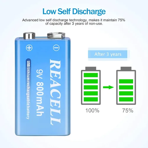 Vista 4 de Paquete de 2 baterías de litio recargables de 9 V, baterías de 9 voltios para detector de humo, carga USB de 800 mAh 9 V para micrófonos