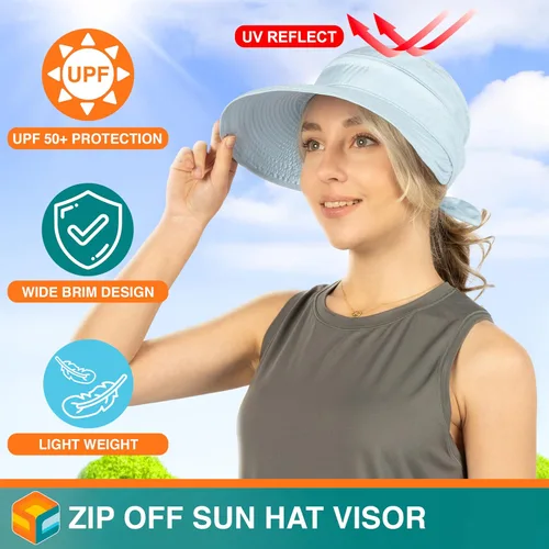 Vista 3 de SUN CUBE Sombrero de sol para mujer para protección UV al aire libre, sombrero de sol de ala ancha, cola de caballo, sombrero de playa convertible