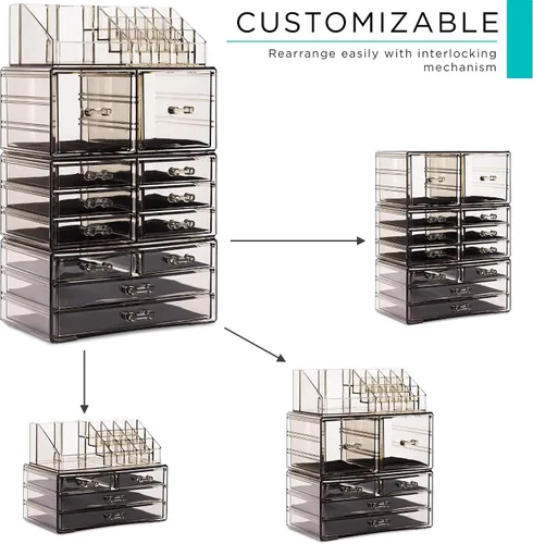 Vista 2 de Sorbus Organizador Grande de Maquillaje - Organizador Transparente y Apilable de Joyería y Maquillaje para Tocador, Almacenamiento de Baño, Cajonera