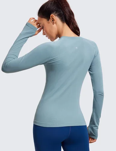 Vista 2 de CRZ YOGA Camisetas de manga larga acanaladas sin costuras para mujer, de secado rápido, para gimnasio, atletismo, camiseta transpirable para correr
