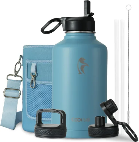 Vista 32 de Coolflask Botella de agua de 24 onzas aislada con pajilla, 3 tapas de metal de acero inoxidable, botella de agua de boca ancha para deportes u