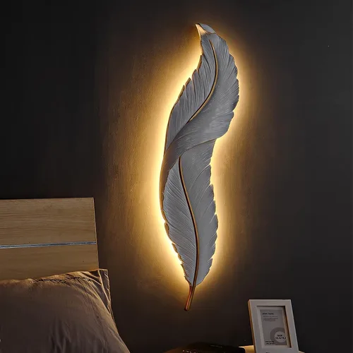 Vista 2 de DJAMEL : Aplique de pared creativo, luz de pared decorativa de plumas de resina blanca, lámpara LED para interiores, sala de estar, dormitorio