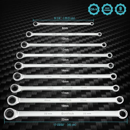 Vista 2 de DURATECH Juego de llaves de trinquete extralargas de 9 piezas y 8 piezas de 90 dientes, métricas, acero CR-V