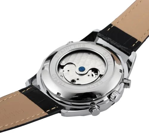 Vista 2 de Forsining Reloj automático original de cuerda automática Tourbillion calendario correa de cuero FSG340M3T2 para hombre, Blanco y plateado