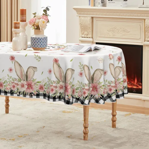 Vista 8 de Horaldaily Mantel de Pascua rectangular de 52 x 70 pulgadas, diseño de flor de primavera, diseño de búfalo a cuadros, para decoración de fiestas