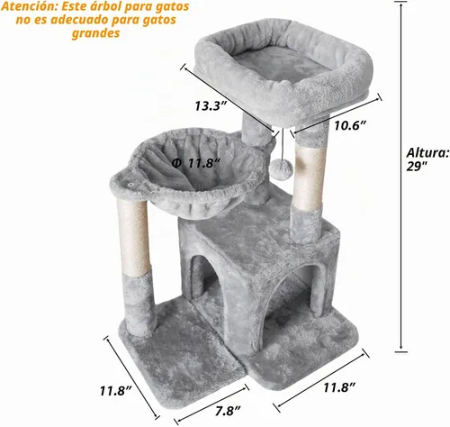 Vista 2 de Pesofer - Árbol para gatos, torre pequeña para gatos con poste de rascar de sisal y hamaca, gris claro
