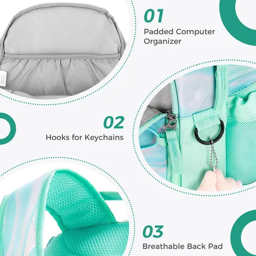 Vista 5 de Choco Mocha Mochila escolar para adolescentes y niños de 18 pulgadas, verde, turquesa (Teal-Green), Classic